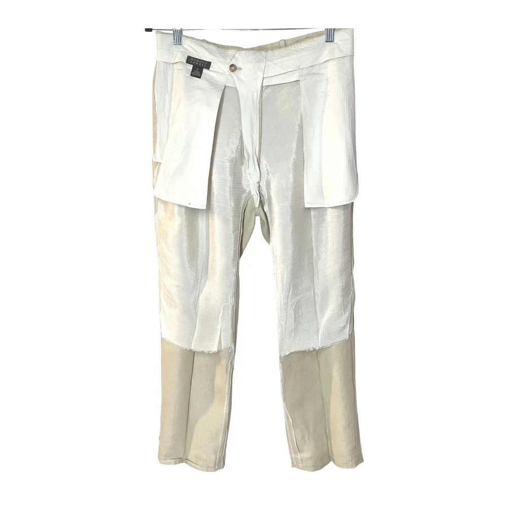 Harold Powell Mens 33x28 Beige 100% Linen Herringbone Pleated Cuffed Pants Italy